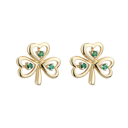 14k Gold Shamrock Stud Earrings w/ Emeralds