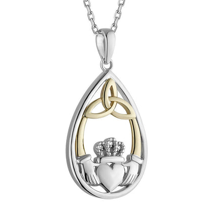 10k Gold, Diamonds & Silver Claddagh Necklace