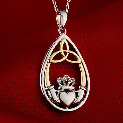 10k Gold, Diamonds & Silver Claddagh Necklace