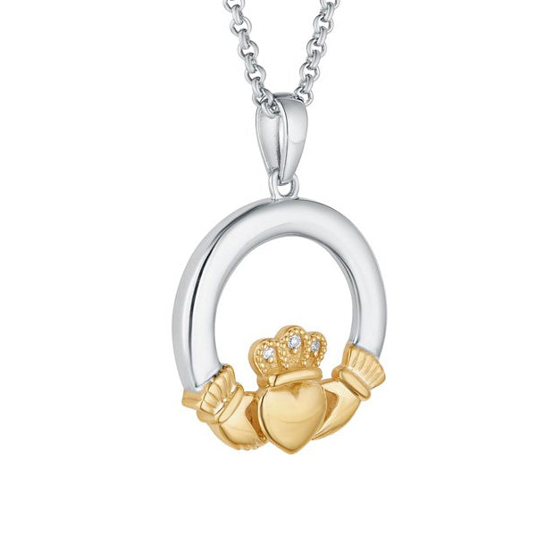 10k Gold, Diamonds & Silver Round Claddagh Necklace