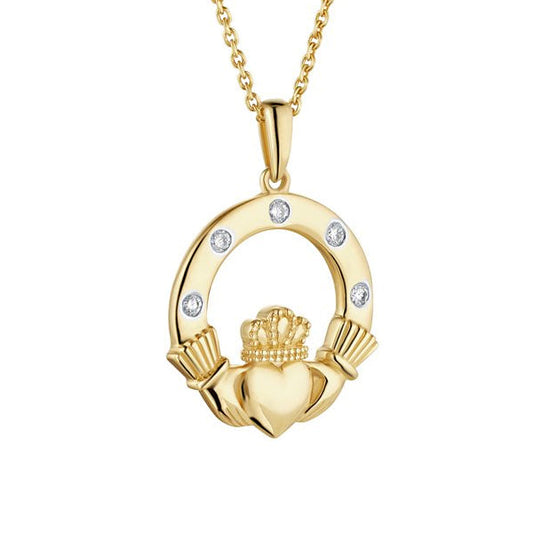 14k Gold & Flush Set Diamonds Claddagh Necklace