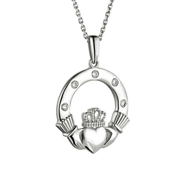 14k White Gold and Diamonds Claddagh Necklace