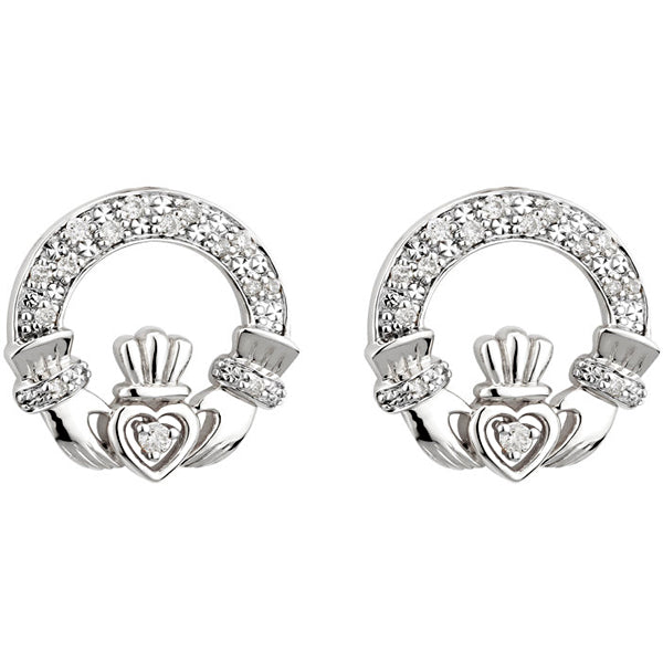 14k White Gold and Diamonds Claddagh Earrings