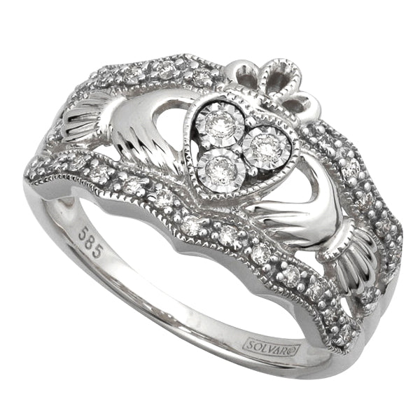 14k White Gold and Diamonds Claddagh Ring