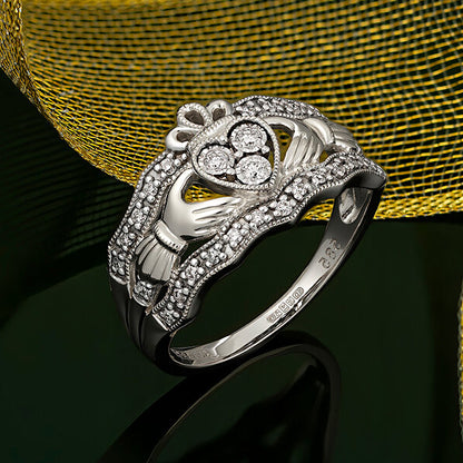 14k White Gold and Diamonds Claddagh Ring