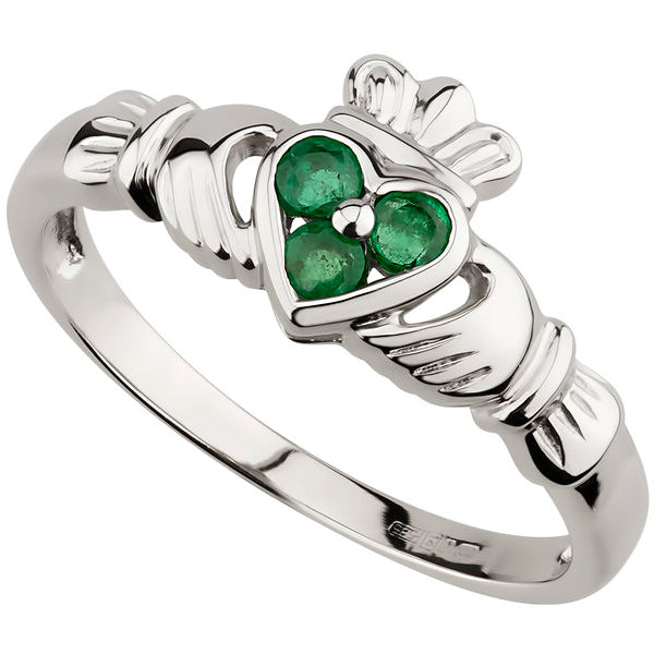 14k White Gold and Emeralds Claddagh Ring