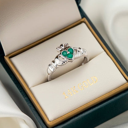 14k White Gold and Emeralds Claddagh Ring