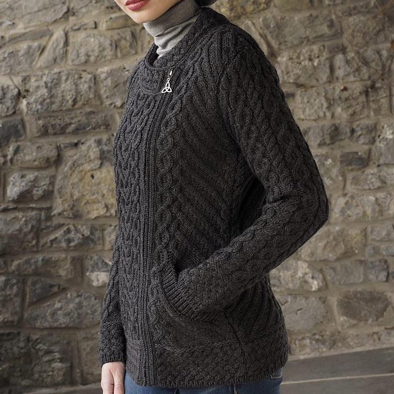 Merino Wool Heart Motif Side-Zip Cardigan