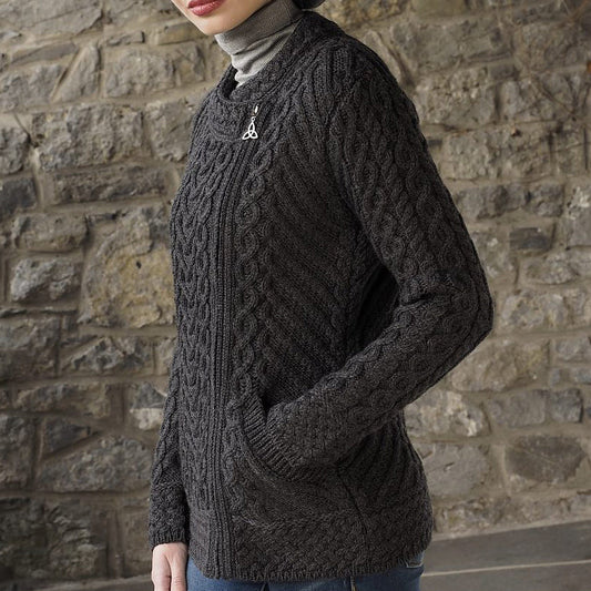 Merino Wool Heart Motif Side-Zip Cardigan