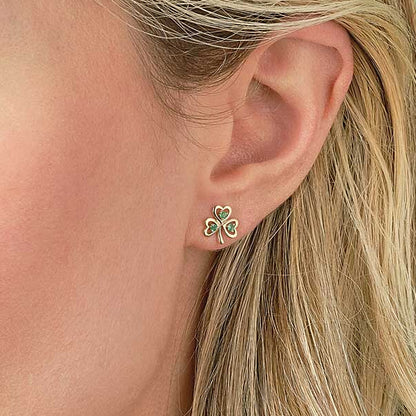 14k Gold Shamrock Stud Earrings w/ Emeralds