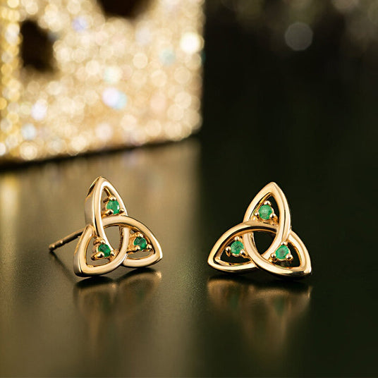 14k Gold Trinity Knot Earrings with Emeralds