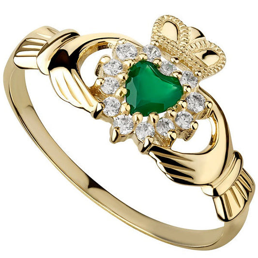 10k Gold Claddagh Ring w/ Green Heart