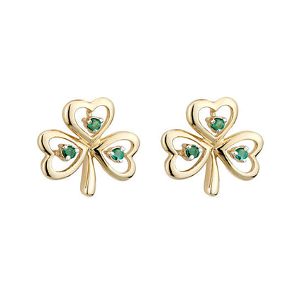 14k Gold Shamrock Stud Earrings w/ Emeralds