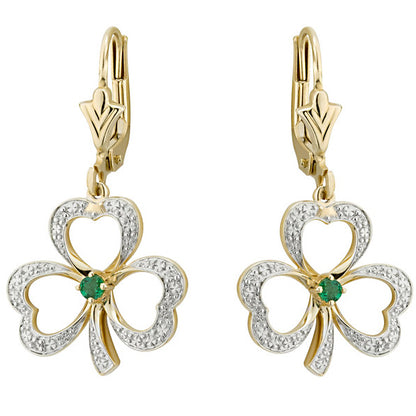 14k Gold Shamrock Earrings w/ Diamonds and Emeralds