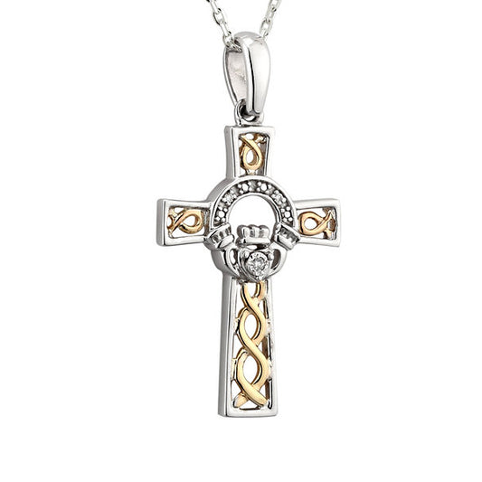 10k Gold, Diamonds & Silver Celtic Cross Necklace