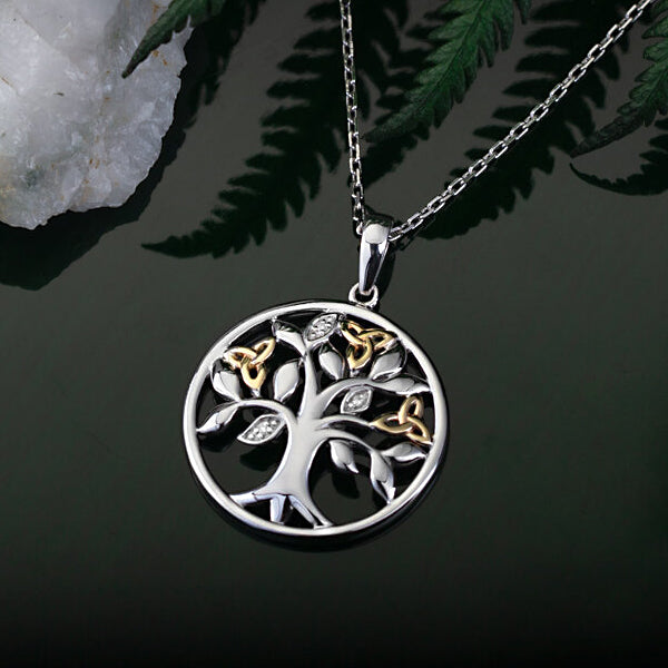 10k Gold, Diamonds & Silver Tree of Life Necklace