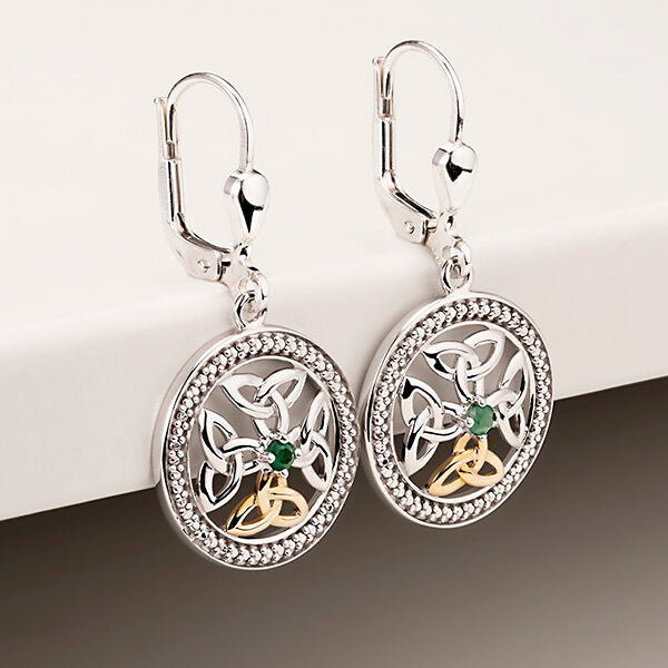 10k Gold, Silver and Emeralds Trinity Knot Earrings