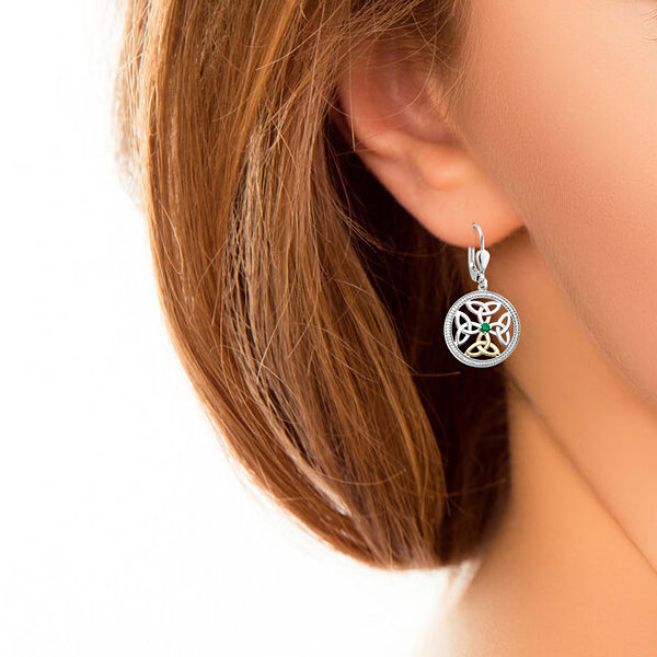 10k Gold, Silver and Emeralds Trinity Knot Earrings